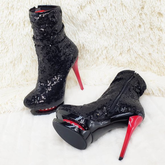 Pleaser Sexy Black Sequin Red High Heel Slouch Ankle Boots Blondie 1009 - Picture 14 of 15